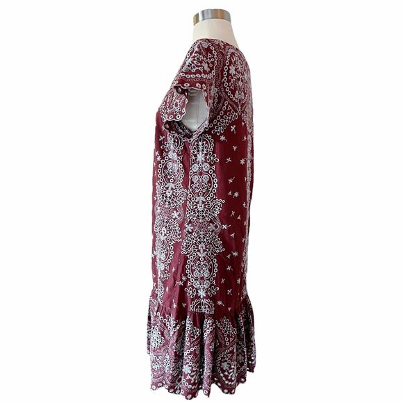 ANTHROPOLOGIE FEATHER BONE Ynez Maroon Dress Flounced Embroidered Eyelet Blue - Picture 9 of 11